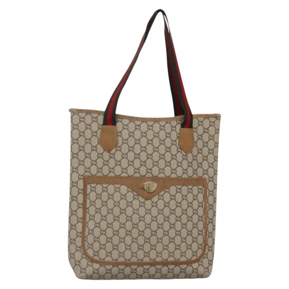 GUCCI GG Plus Supreme Web Sherry Line Tote Bag PVC Beige Gold Auth BA5355 - Picture 2 of 15